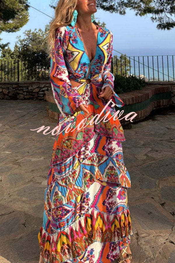 Colorful Day Unique Print Bell Sleeve Cutout Waist Layered Maxi Dress