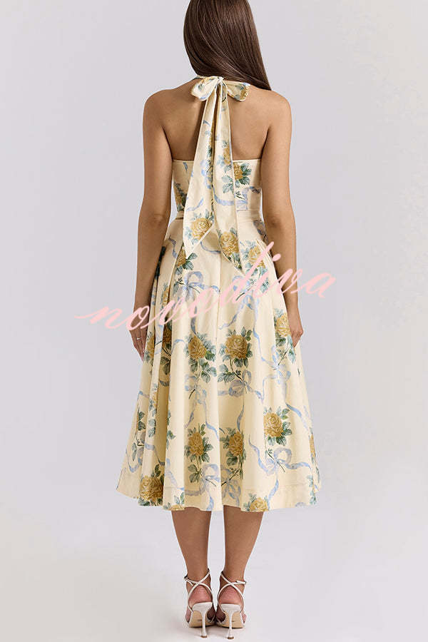 Resort Star Floral Print Waist Halterneck Tie Pocket Midi Dress