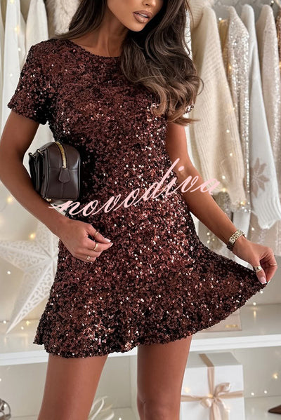 Midnight Fizz Sequin Short Sleeve Top and Elastic Waist Mini Skirt Set