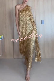 Holiday Muse Sequined Slit Tassels One Shoulder H-line Maxi Dress