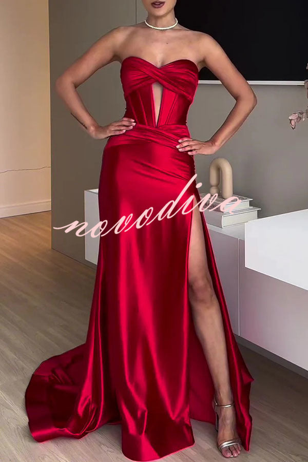 Emiliana Satin Twist Bust Cutout Corset Slit Prom Maxi Dress