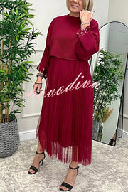 Fenna Ribbed Sequin Trim Batwing Sleeve Sweater and Pleated Tulle Stretch Tank Midi Dress Two-piece Set
