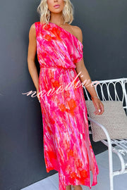 Satin Unique Print One Shoulder Tie Waist Slit Maxi Dress