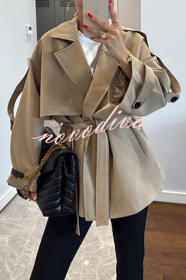 Modern Urban Dropped Shoulder Strap Button Detail Belted Lapel Loose Trench Coat