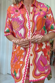 Neima Unique Print Wave Trim Button Up Short Sleeve Shirt and Elastic Waist Pocket Loose Shorts Set