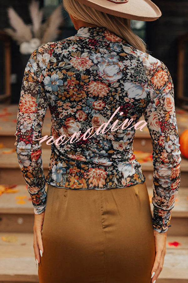 Floral Print Turtleneck Long Sleeve Stretch Bottoming Shirt