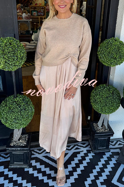 Practical Fashion Knit Ruched Sweater and Satin Stretch Tank Midi Dress Two-piece Set