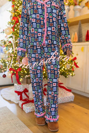 Postcards To Santa Unique Print Ruffles Trim Pocket Shirt and Elastic Waist Pajama Set