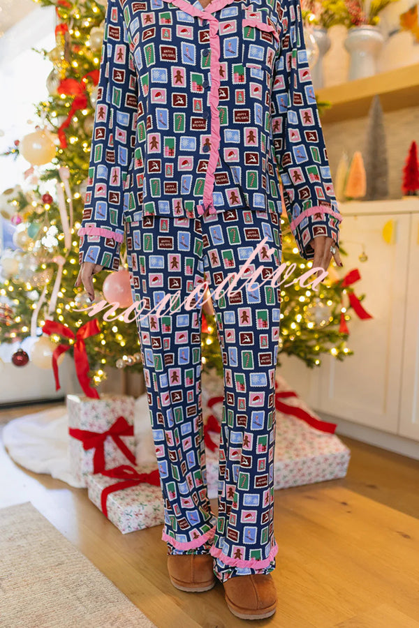 Postcards To Santa Unique Print Ruffles Trim Pocket Shirt and Elastic Waist Pajama Set