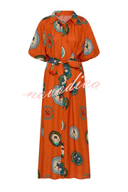 Linen Blend Unique Print Lapel Loose Tie Cardigan Maxi Dress