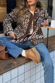 Warm Feel Colorblock Leopard Print Plush Button Up Pocketed Teddy Jacket