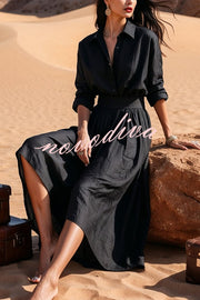 Solid Color Lapel Long Sleeve Casual Waist Midi Dress