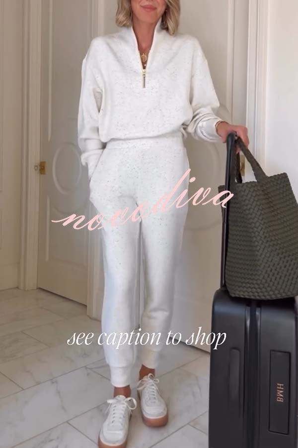 Ivory Marl Fleck Half-Zip Neck Long Sleeve Sweatshirt and Elastic Waist Pocket Jogger Set
