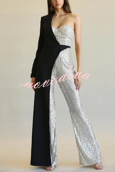 Fashionable Sequined Patchwork One-sided Long-sleeved Asymmetrical Jumpsuit