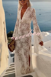 Dream Love Floral Lace Bell Sleeve V-neck Slit Maxi Dress
