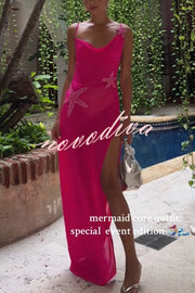 Mermaid Chiffon Starfish Sequin Asymmetric Neck Slit Maxi Dress