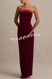 Illusion Velvet Bandeau neck Bow detail Stretch Maxi Dress