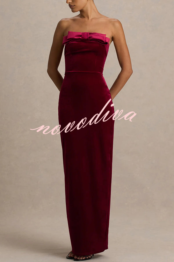 Illusion Velvet Bandeau neck Bow detail Stretch Maxi Dress