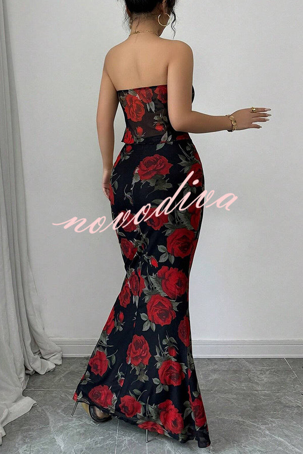 Floral Print Sexy Bandeau Lace-up Top and Slim Mesh Stretch Maxi Skirt Set