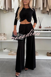 Solid Color Round Neck Long Sleeve Twist Crop Top and Elastic Waist Pocket Wide Leg Pants Set