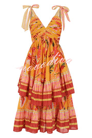 Tropical Sunset Unique Print Pleated Tie-up Straps Tiered Midi Dress