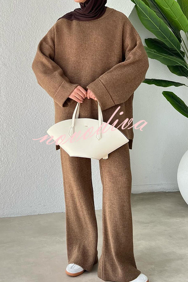 Solid Color Loose Long-sleeved Knit Top and Elastic Waist Casual Straight Leg Pants Set