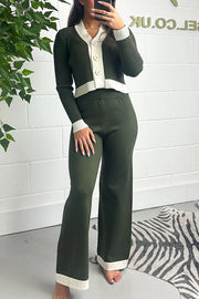 Fashionable Knit Colorblock Long Sleeve Cardigan and Elastic Waist Loose Stretch Pants Set