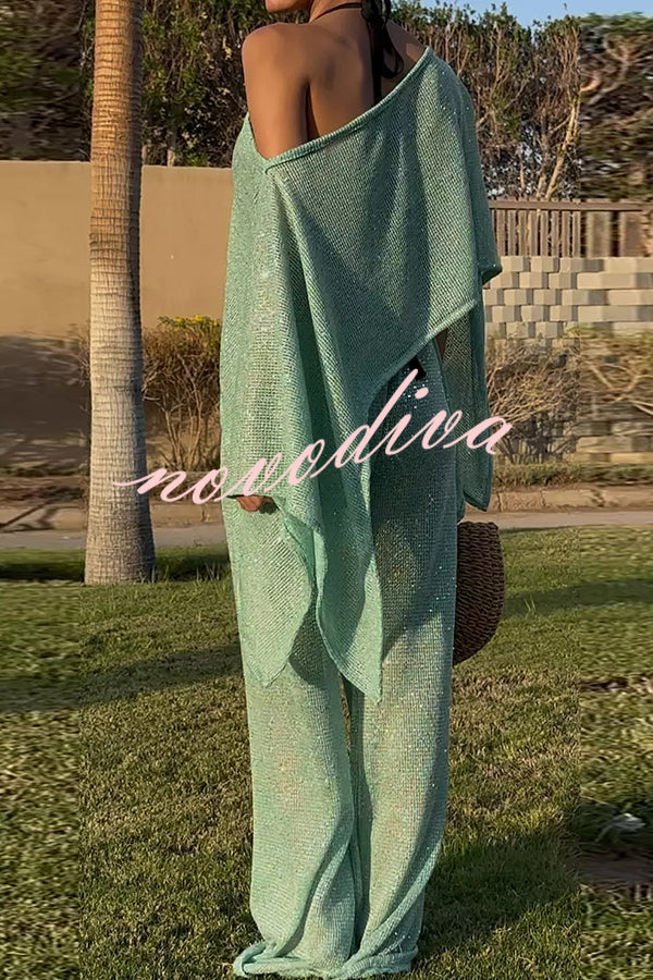 Vacation Knit Shiny Fabric Batwing Sleeve Cape Top and Cover-up Elastic Waist Loose Pants Set