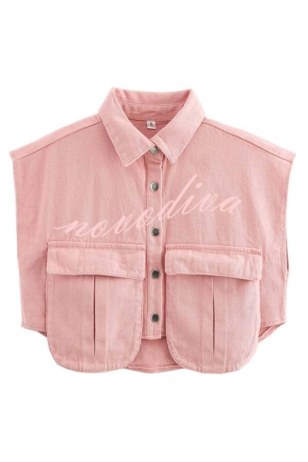 Stylish Weekend Denim Button Up Cape Sleeve Pocket Crop Top