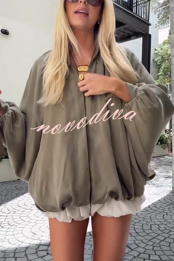 Fashion Lapel Loose Puff Long Sleeve Casual Zipper Jacket