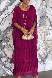 Solid Color Crew Neck Loose Tiered Maxi Dress