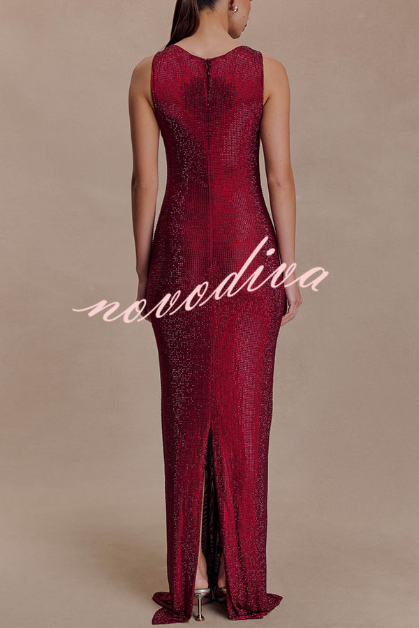 Holiday Nights Sequin Boat Neck Sleeveless Slit Maxi Dress