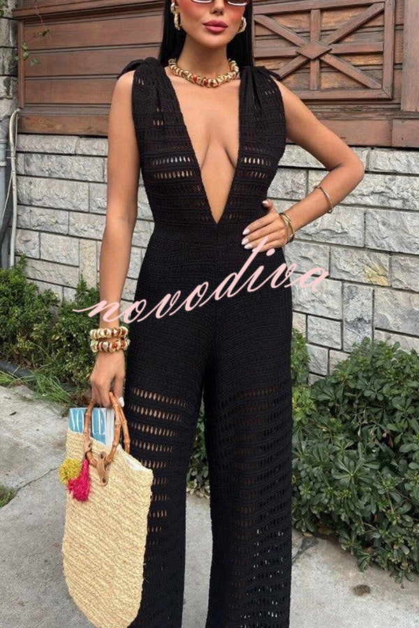 Solid Color Knitted V-neck Holiday Hollow Casual Jumpsuit
