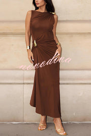 Fashionable Metallic Embellishments Pleated Sleeveless Slim-fit Maxi Dress