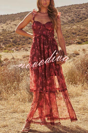 Romantic and Elegant Mesh Floral Back Smocked Tiered Ruffle Maxi Dress