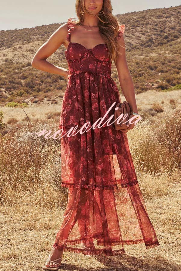 Romantic and Elegant Mesh Floral Back Smocked Tiered Ruffle Maxi Dress