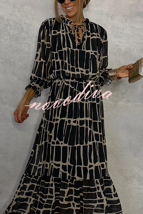 Unique Printed V-neck Tie-up Waist Long-sleeve Maxi Dress