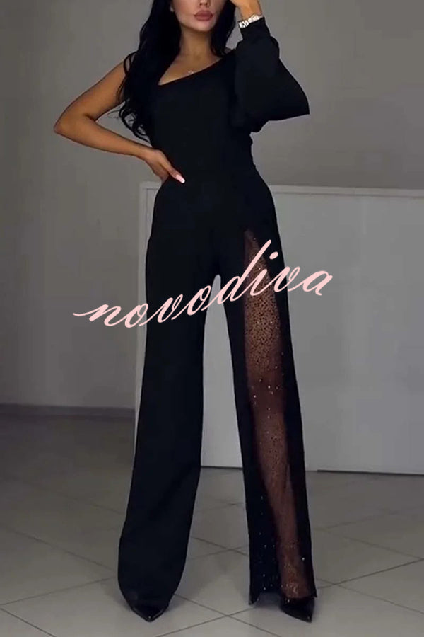 Fashionable Oblique Shoulder One-sleeve Sexy High Slit Slim Jumpsuit