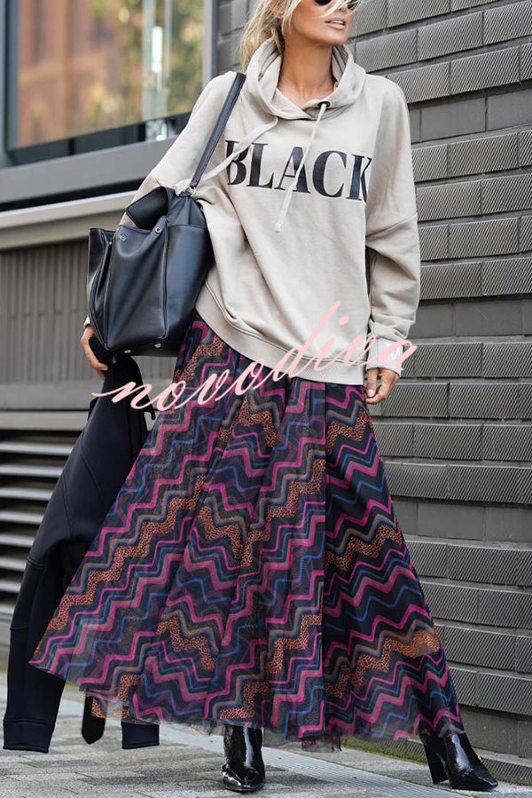 Unique Printed Large Hem Loose Mesh Maxi Skirt