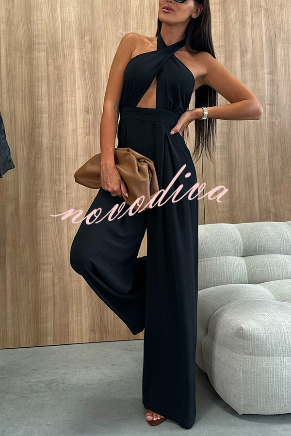 Easy Mode Cross-neck Halter Strap Backless Wide Leg Jumpsuit