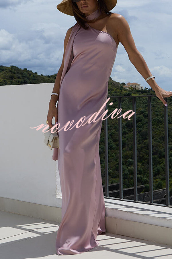 Cheers Babe Satin Solid Color Elegant One Shoulder Tie Maxi Dress