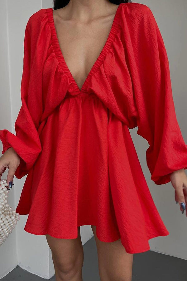 V Neck Puff Sleeve Solid Color Resort Style Mini Dress