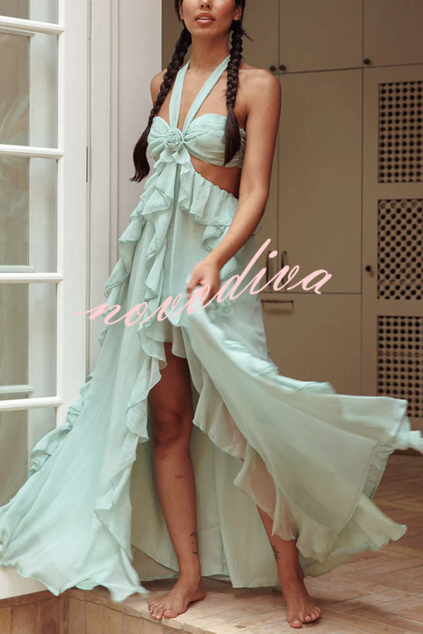 Gorgeous Vacation Halter Rose Detail Cut Out Ruffles Backless Maxi Dress