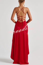 Solid Color Sexy Backless Lace-up Irregular Ruffled Maxi Dress