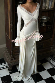 Fashion Lace Splicing Sexy V-neck Long-sleeved Slim Maxi Dress