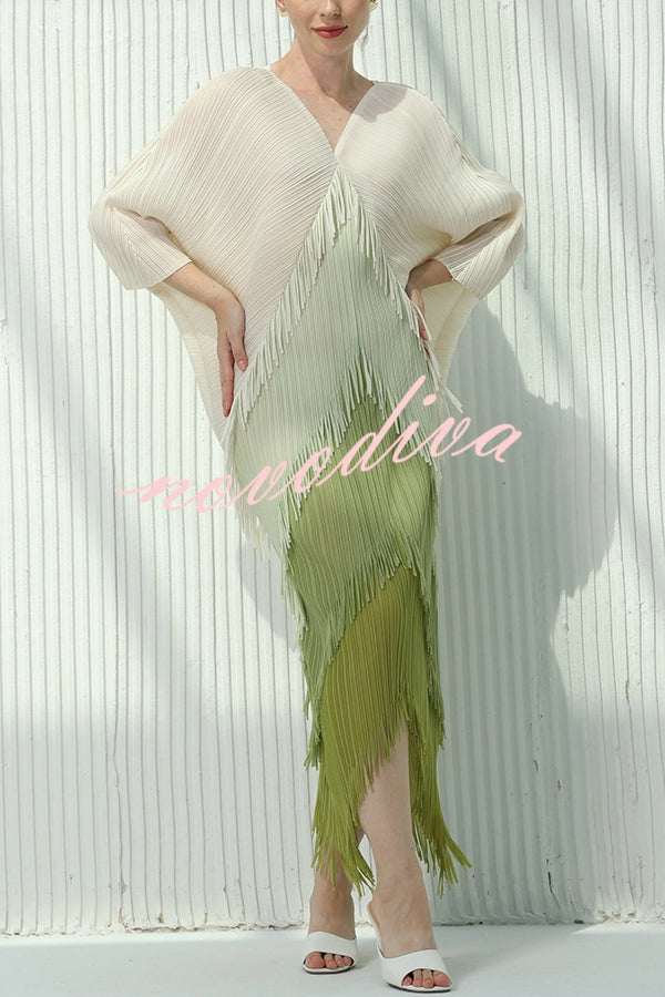 Fashionable Color-blocked Multi-layered Tassel Loose Midi Dress