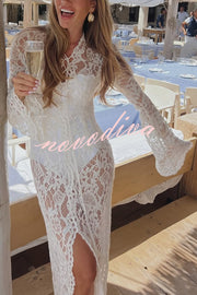 Garcelle Floral Lace Lace-up Long Bell Sleeve Slit Midi Dress