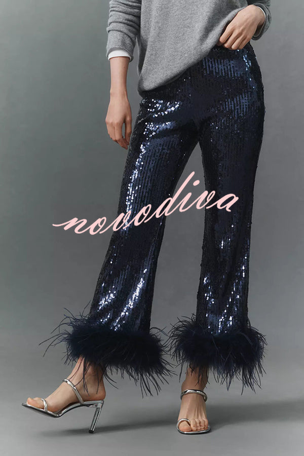 New Year Eve Sequin Feather Trim High Rise Back Zipper Flare Pants