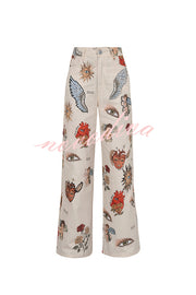Angel Wings Denim Unique Print Mid Rise Pocket Loose Pants