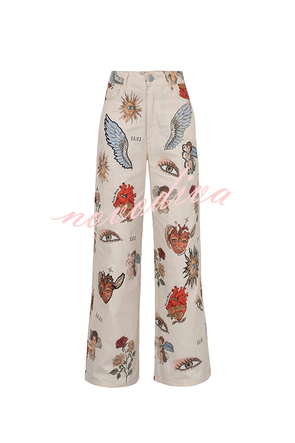 Angel Wings Denim Unique Print Mid Rise Pocket Loose Pants